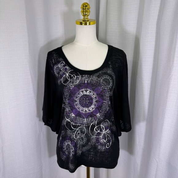 Ransom Tops - VTG Ransom Y2K Star Mandala Celestial‎ Top M Black Butterfly Sleeve Whimsygoth